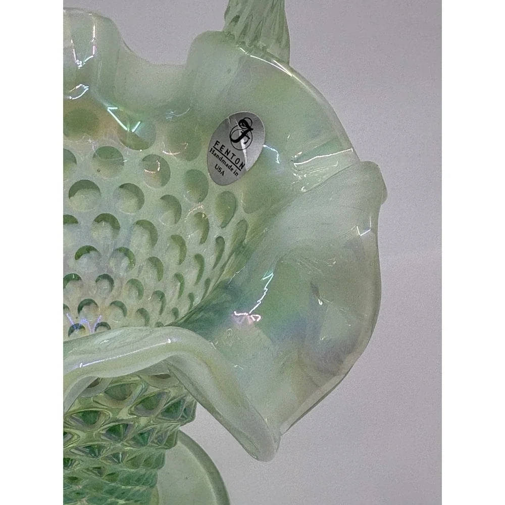 Vintage FENTON Sea Mist Green Opalescent Hobnail  Basket  w/ Twisted Handle